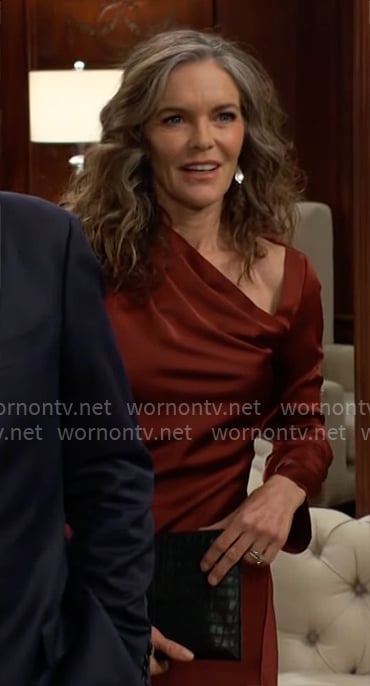 Diane's red satin asymmetric neckline dress on The Young and the Restless
