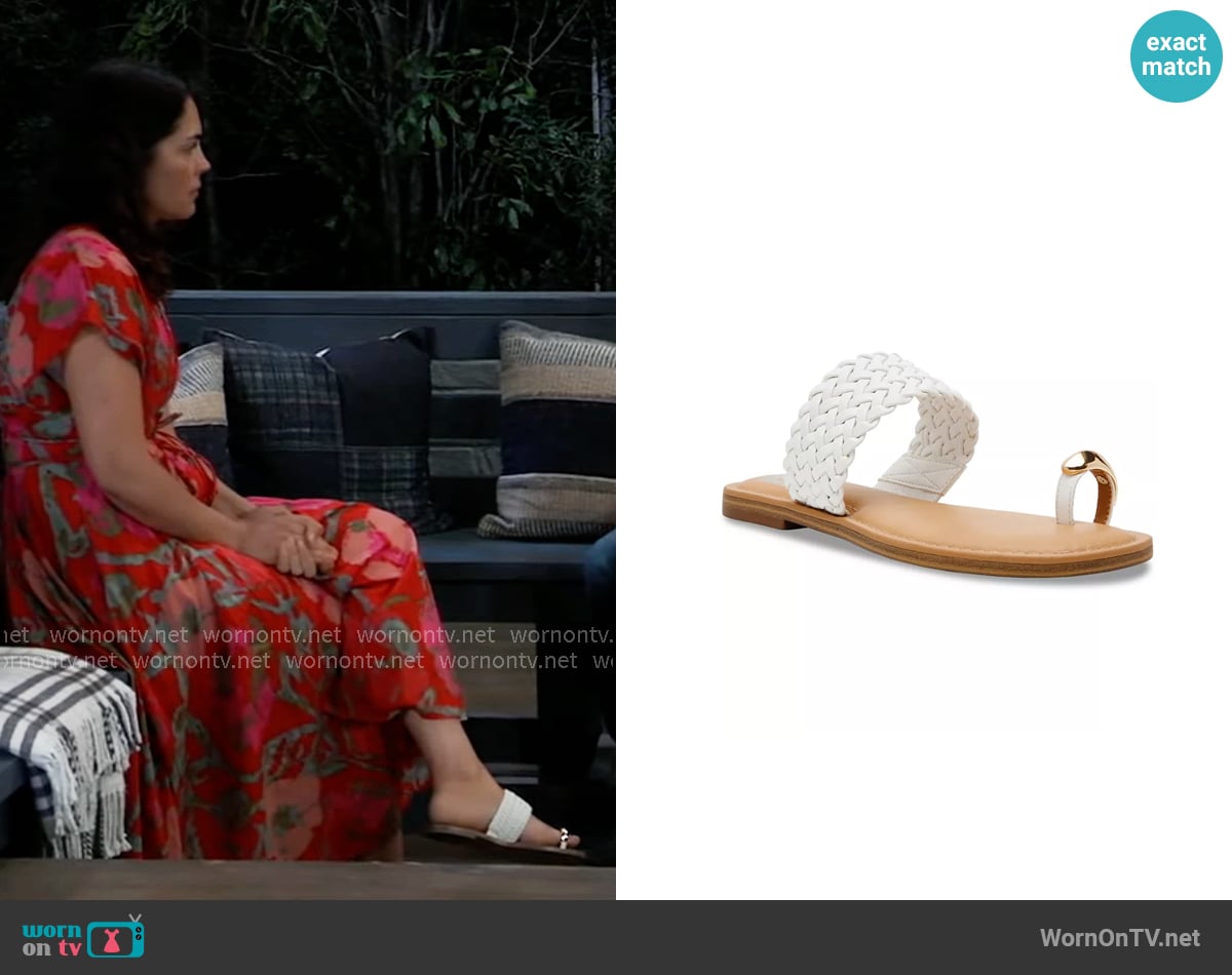 Dolce Vita Jemper Thong Woven Slip-On Flat Sandals worn by Britt Westbourne (Kelly Thiebaud) on General Hospital Dolce Vita Jemper Thong Woven Slip-On Flat Sandals worn by Britt Westbourne (Kelly Thiebaud) on General Hospital