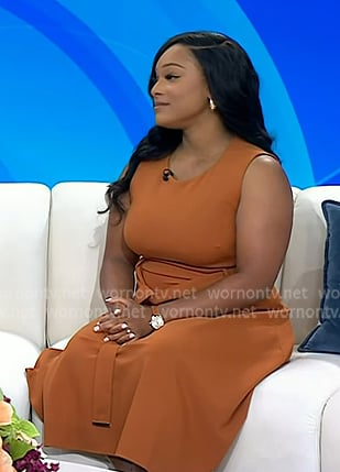 Dominique Dillon’s light brown belted sleeveless midi dress on Today