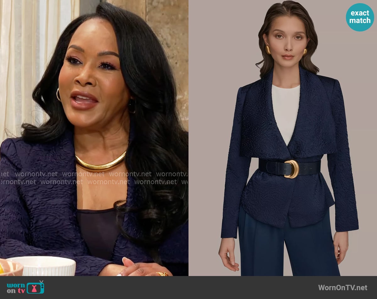 Donna Karan Novelty Wide Lapel Belted Blazer worn by Stephanie Simmons (Vivica Fox) on The Young and the Restless Donna Karan Novelty Wide Lapel Belted Blazer worn by Stephanie Simmons (Vivica Fox) on The Young and the Restless
