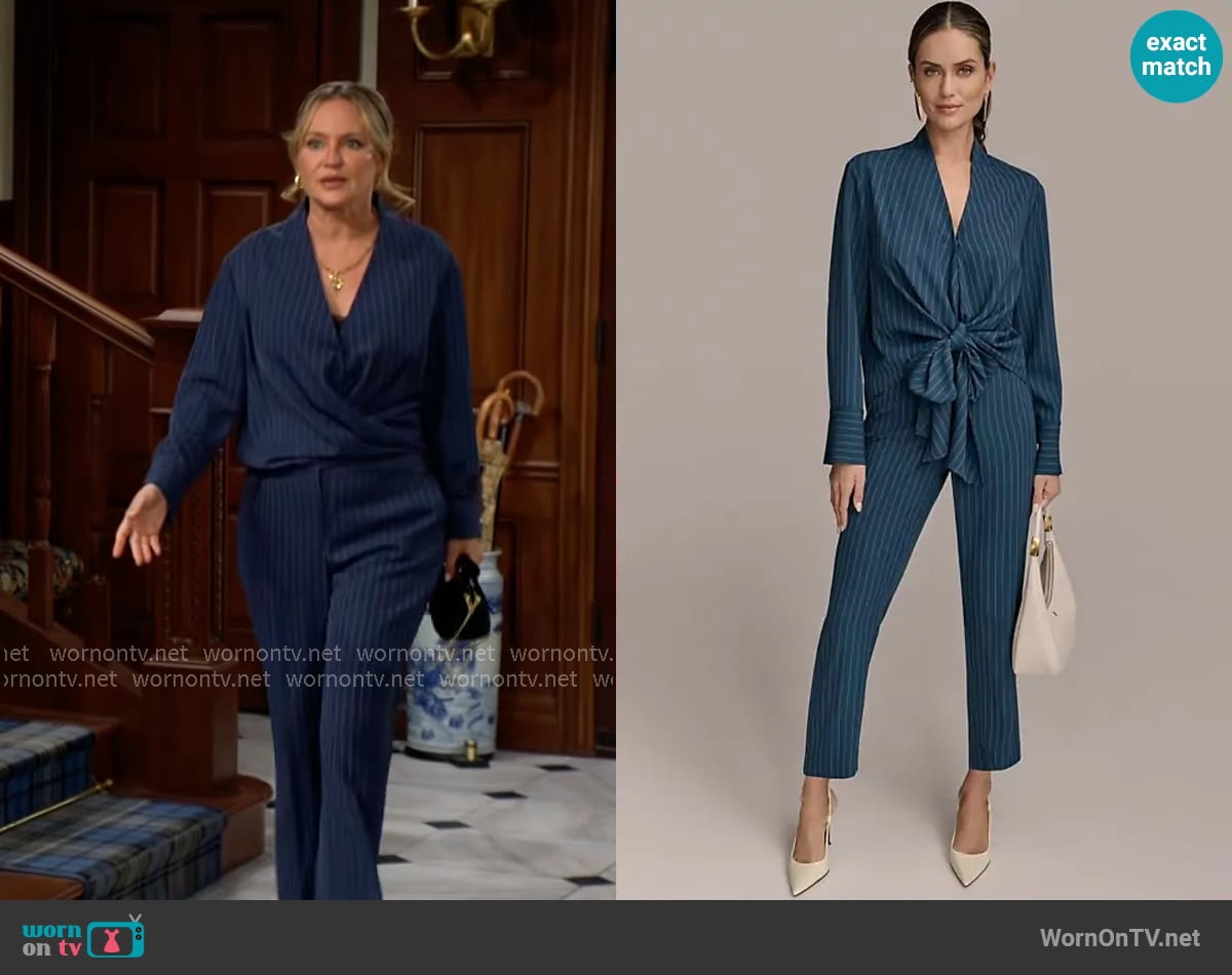 Donna Karan Tie-Front Pinstripe Blouse and Pants worn by Sharon Newman (Sharon Case) on The Young and the Restless Donna Karan Tie-Front Pinstripe Blouse and Pants worn by Sharon Newman (Sharon Case) on The Young and the Restless