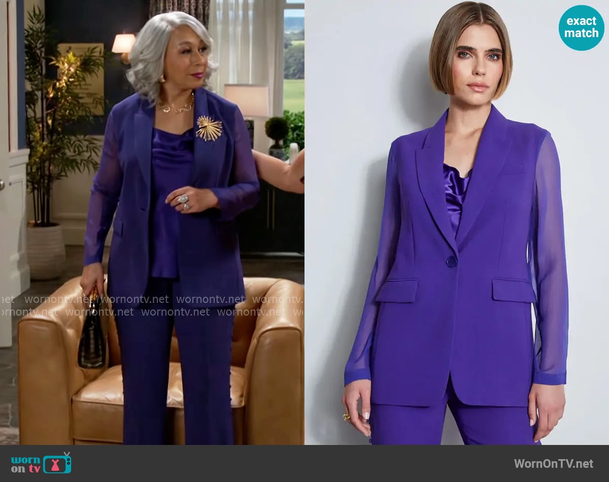 Elie Tahari Chiffon Combo Crepe Blazer in Grape worn by Anita Dupree (Tamara Tunie) on Beyond the Gates
