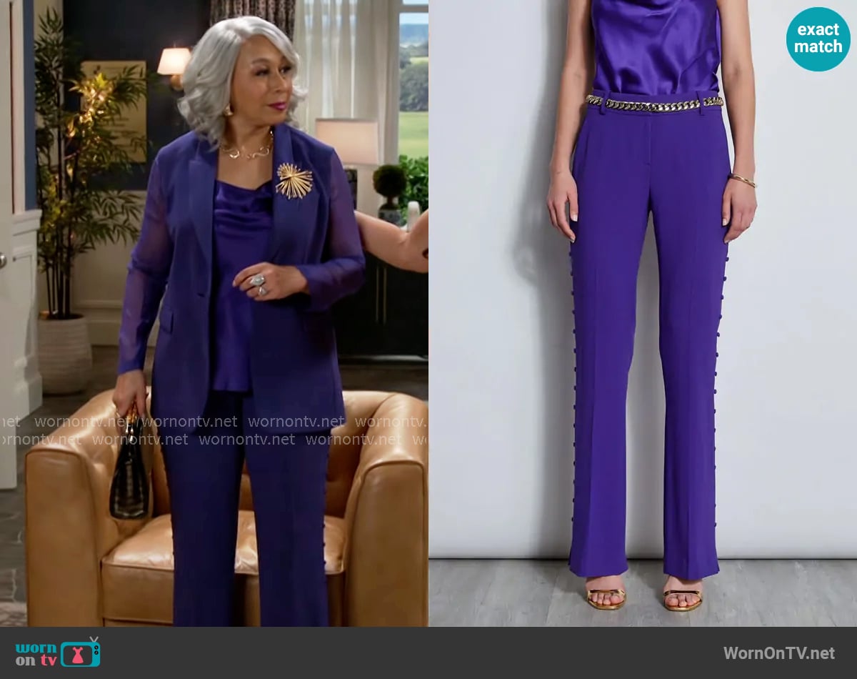 Elie Tahari Side Button Crepe Pant in Grape worn by Anita Dupree (Tamara Tunie) on Beyond the Gates