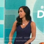 Elizabeth Werner's navy v-neck textured dress on CBS Mornings Elizabeth Werner's navy v-neck textured dress on CBS Mornings