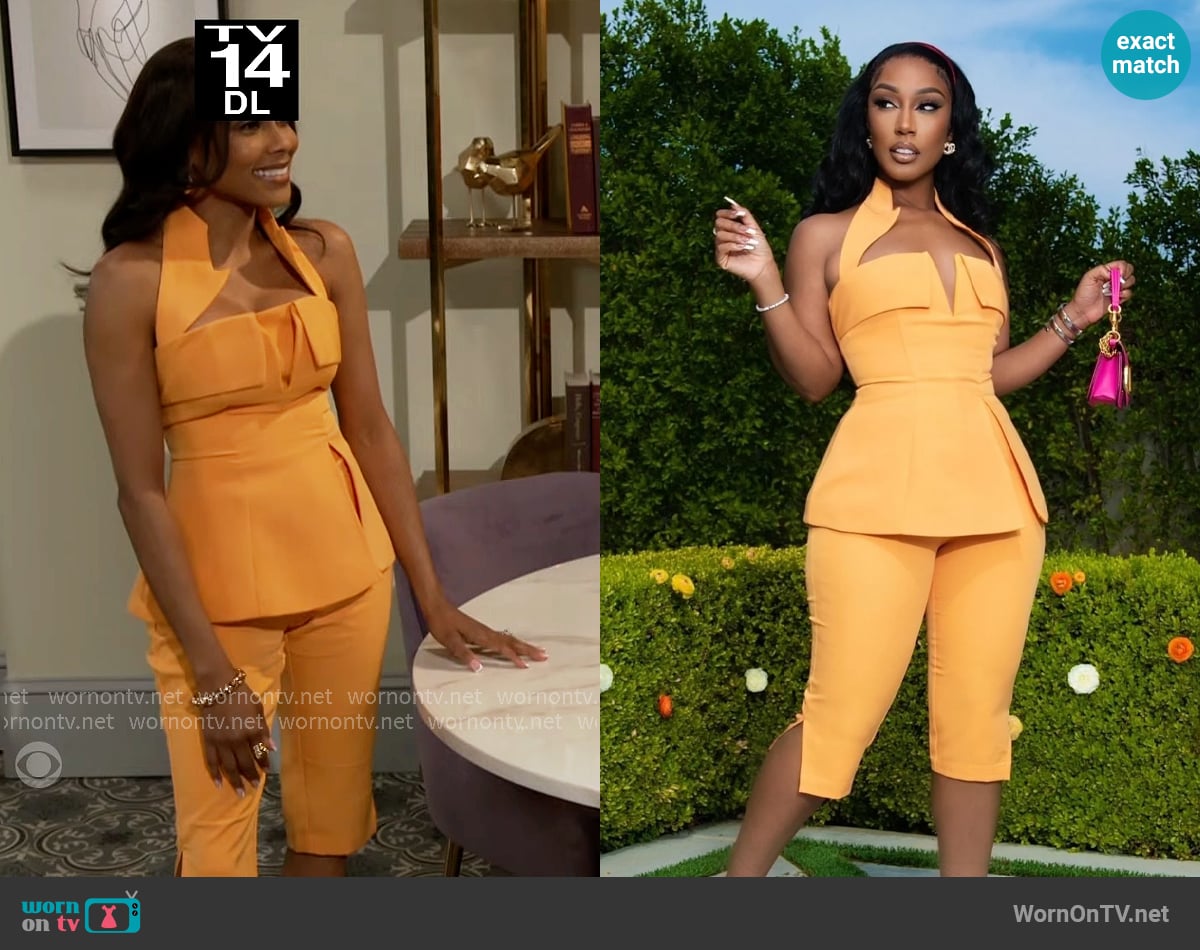 Ellae Lisque Blair Orange Capri Set worn by Hayley Lawson (Marquita Goings) on Beyond the Gates Ellae Lisque Blair Orange Capri Set worn by Hayley Lawson (Marquita Goings) on Beyond the Gates