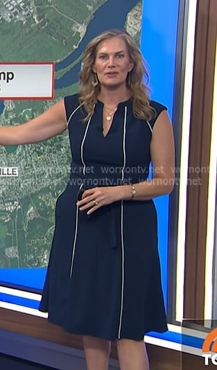 Emily’s navy dress with contrast piping on Today Emily’s navy dress with contrast piping on Today