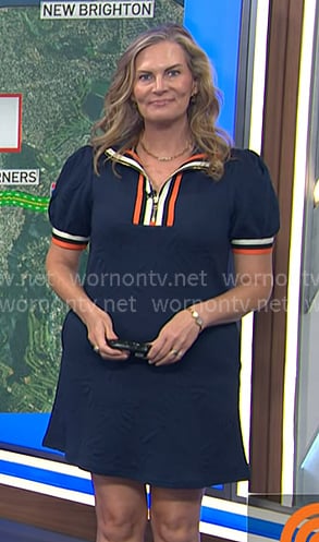 Emily’s navy stripe trim mini dress on Today Emily’s navy stripe trim mini dress on Today