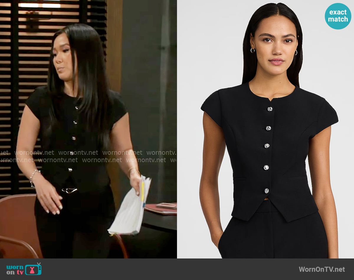 Express Studio Stretch Twill Novelty Button Short Sleeve Tailored Top worn by Caroline Lee (Ellie Wang) on Beyond the Gates Express Studio Stretch Twill Novelty Button Short Sleeve Tailored Top worn by Caroline Lee (Ellie Wang) on Beyond the Gates
