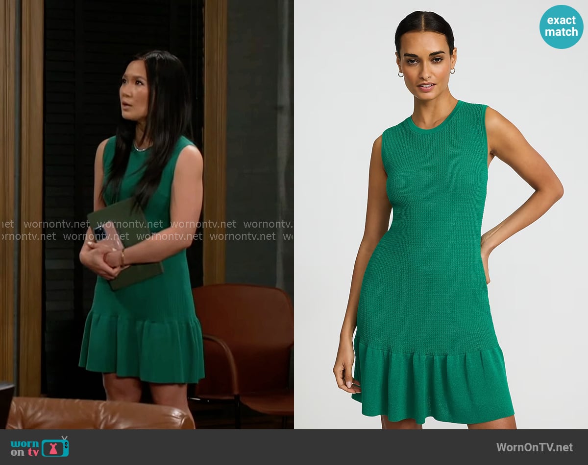 Express Textured Crew Neck Sleeveless Mini Sweater Dress in Green worn by Caroline Lee (Ellie Wang) on Beyond the Gates Express Textured Crew Neck Sleeveless Mini Sweater Dress in Green worn by Caroline Lee (Ellie Wang) on Beyond the Gates