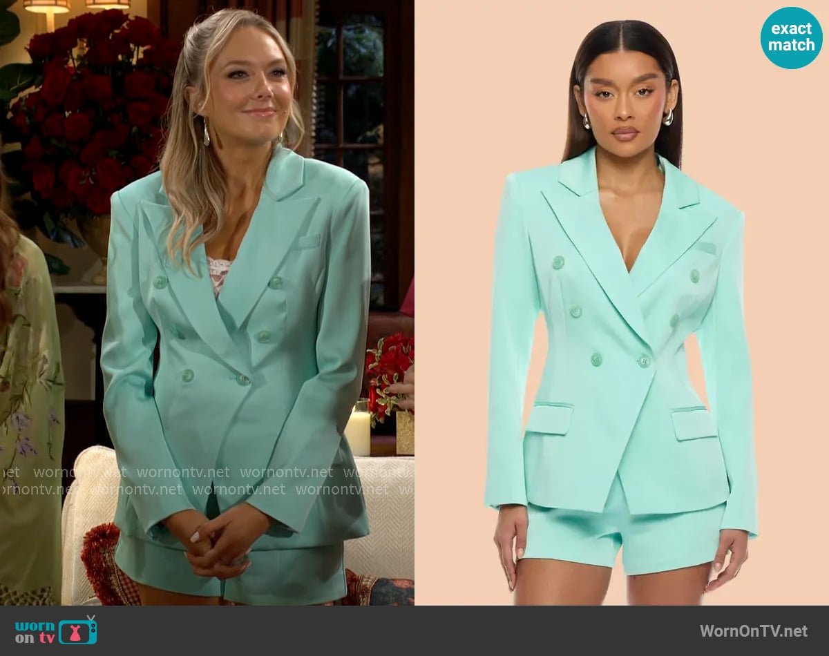 Fashion Nova Indie Blazer Short Set in Mint worn by Abby Newman (Melissa Ordway) on The Young and the Restless Fashion Nova Indie Blazer Short Set in Mint worn by Abby Newman (Melissa Ordway) on The Young and the Restless