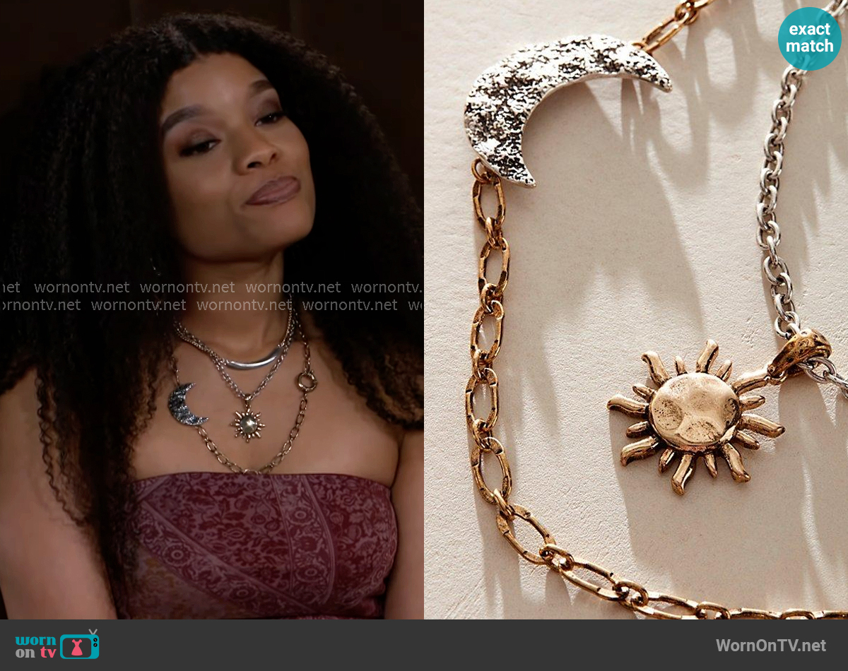 Free People Layered Mixed Metal Charm Necklace worn by Eva Thomas (Ambyr Michelle) on Beyond the Gates