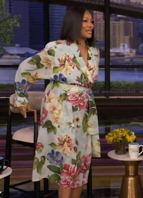 Garcelle's blue floral print wrap coat on Live with Kelly and Mark