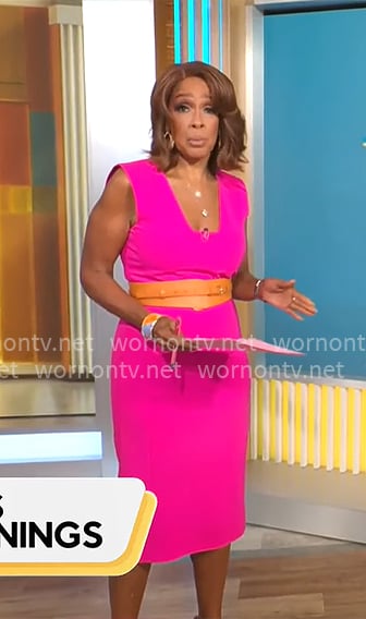 Gayle King's pink square neck dress on CBS This Morning