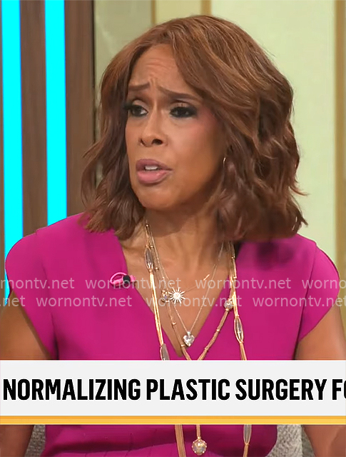 Gayle King’s pink v-neck corset sheath dress on CBS Mornings Gayle King’s pink v-neck corset sheath dress on CBS Mornings