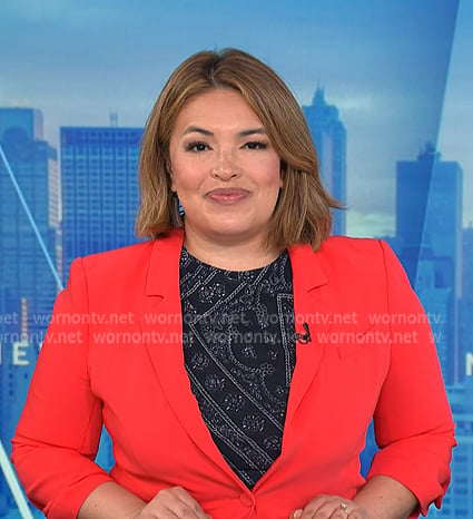 Gilma's navy bandana print dress and red blazer on NBC News Daily