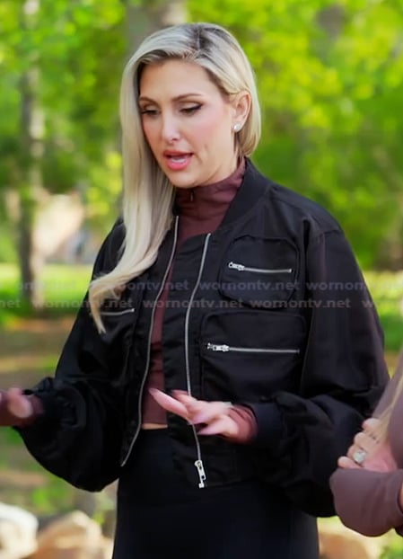 Gina’s black cropped bomber jacket on The Real Housewives of Orange County Gina’s black cropped bomber jacket on The Real Housewives of Orange County