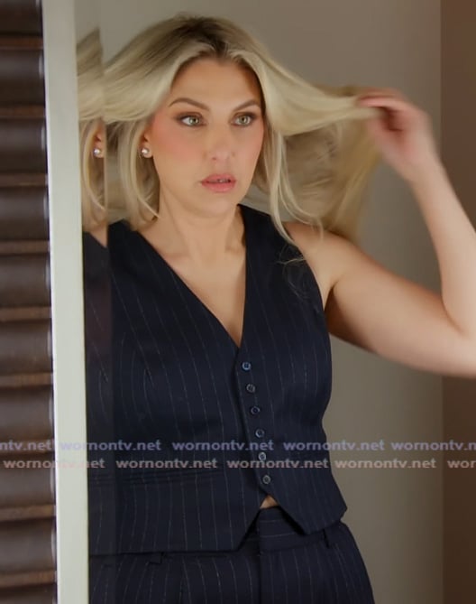 Gina's navy pinstripe vest and pants on The Real Housewives of Orange County