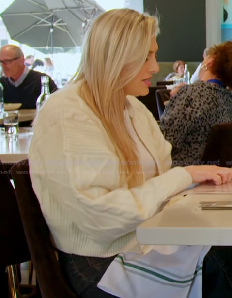 Gina’s white cable knit sweater on The Real Housewives of Orange County Gina’s white cable knit sweater on The Real Housewives of Orange County
