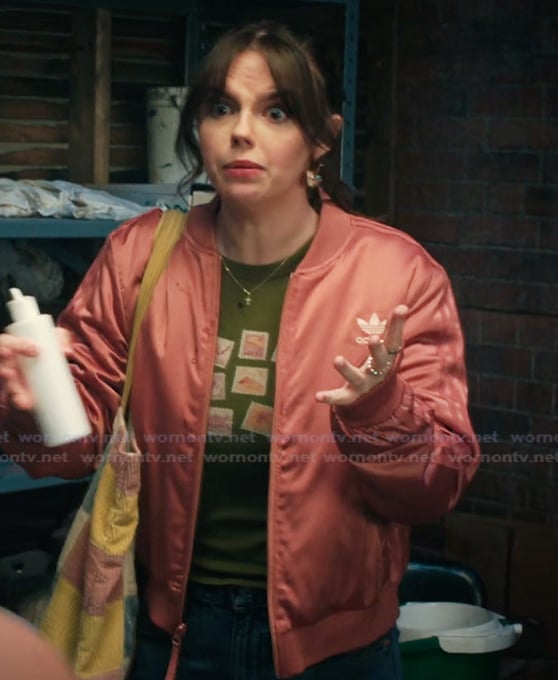 Grace’s pink satin bomber jacket on My Life with the Walter Boys Grace’s pink satin bomber jacket on My Life with the Walter Boys