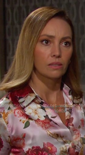 Gwen’s pink floral button down blouse on Days of our Lives