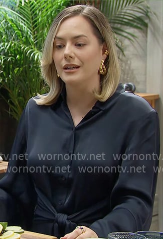 Hope’s navy tie-waist shirtdress on The Bold and the Beautiful Hope’s navy tie-waist shirtdress on The Bold and the Beautiful