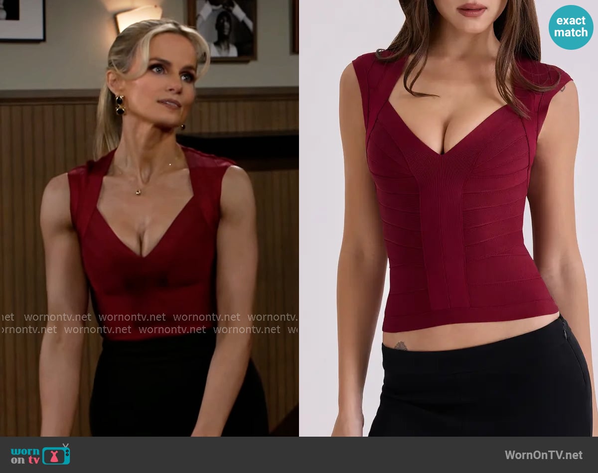 House of CB The Icon Bandage Top in Wine worn by Vanessa McBride (Lauren Buglioli) on Beyond the Gates House of CB The Icon Bandage Top in Wine worn by Vanessa McBride (Lauren Buglioli) on Beyond the Gates