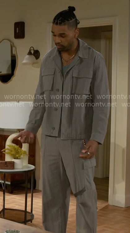 Izaiah’s grey jacket and pants on Beyond the Gates