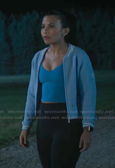 Jackie’s blue bomber jacket on My Life with the Walter Boys Jackie’s blue bomber jacket on My Life with the Walter Boys