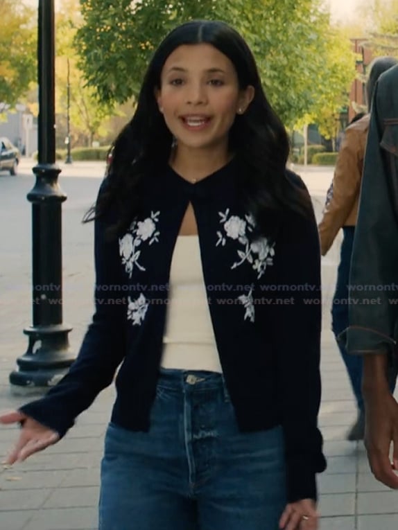 Jackie’s blue floral embroidered cardigan on My Life with the Walter Boys
