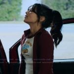 Jackie’s burgundy track jacket on My Life with the Walter Boys Jackie’s burgundy track jacket on My Life with the Walter Boys