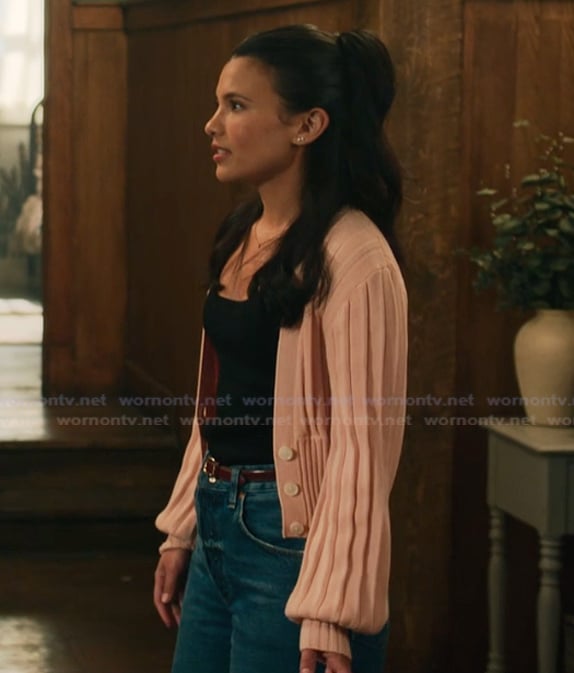 Jackie's pink ribbed cardigan on My Life with the Walter Boys