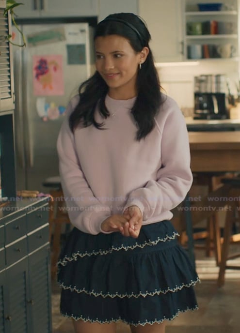Jackie's pink sweater and blue mini skirt on My Life with the Walter Boys