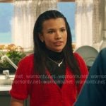 Jackie’s red pointelle cardigan and printed tiered mini skirt on My Life with the Walter Boys