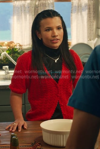 Jackie’s red pointelle cardigan and printed tiered mini skirt on My Life with the Walter Boys