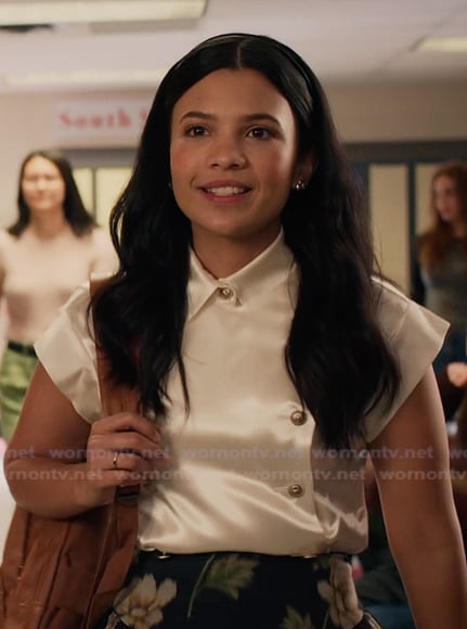 Jackie's white satin double breasted top on My Life with the Walter Boys