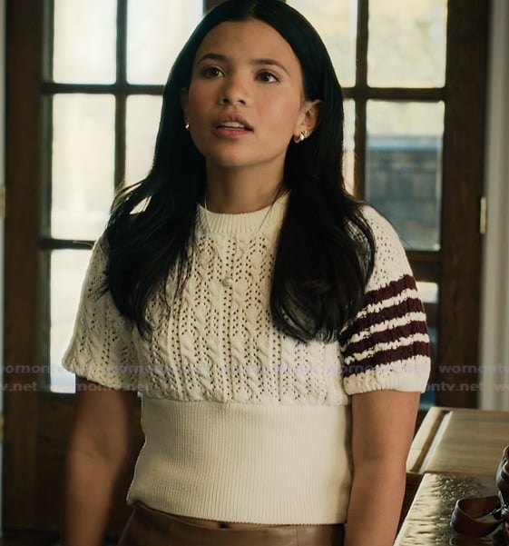 Jackie’s white stripe sleeve sweater on My Life with the Walter Boys Jackie’s white stripe sleeve sweater on My Life with the Walter Boys
