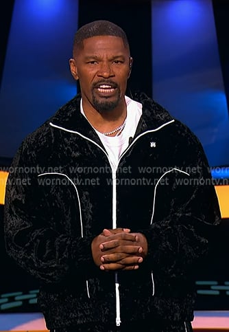Jamie Foxx’s black velour track jacket and pants on Beat Shazam Jamie Foxx’s black velour track jacket and pants on Beat Shazam