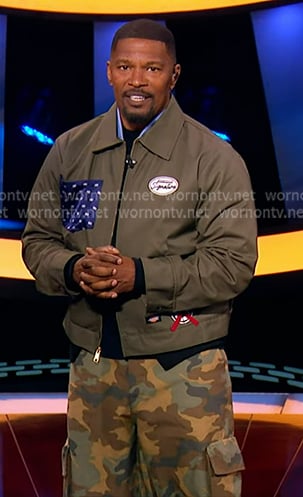 Jamie Foxx’s grey patch jacket and camo pants on Beat Shazam Jamie Foxx’s grey patch jacket and camo pants on Beat Shazam