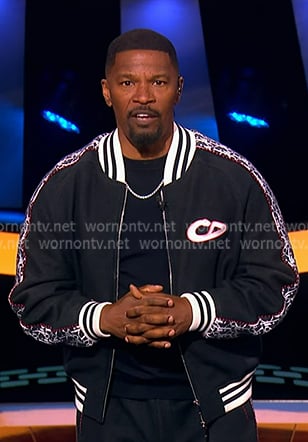 Jamie Foxx’s navy stripe trim track jacket and pants on Beat Shazam