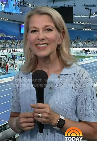 Janis Mackey Frayer's blue knit polo sweater on Today