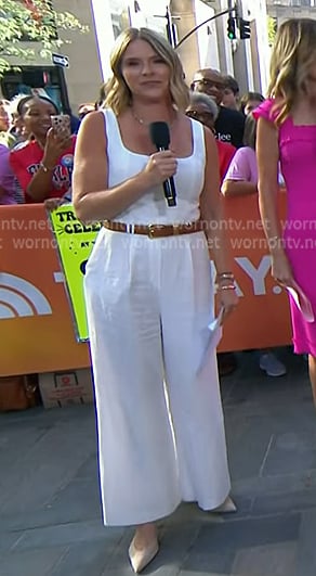 Jenna's white belted sleeveless jumpsuit on Today