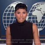 Jericka’s brown sleeveless turtleneck dress and belt on CBS Evening News Jericka’s brown sleeveless turtleneck dress and belt on CBS Evening News