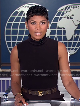 Jericka’s brown sleeveless turtleneck dress and belt on CBS Evening News
