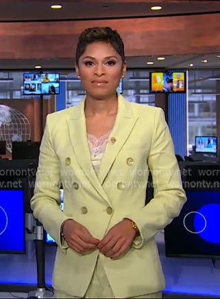 Jericka’s yellow lace trim cami and blazer on CBS Evening News Jericka’s yellow lace trim cami and blazer on CBS Evening News