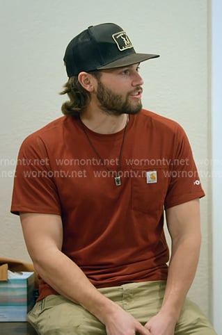 Jesse's red logo patch pocket tee on The McBee Dynasty Real American Cowboys
