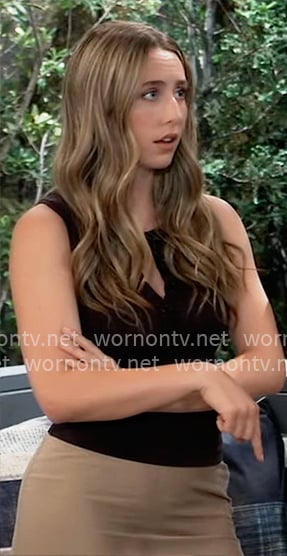 Josslyn’s dark brown henley tank top on General Hospital Josslyn’s dark brown henley tank top on General Hospital