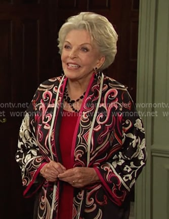 Julie’s black printed kimono jacket on Days of our Lives Julie’s black printed kimono jacket on Days of our Lives