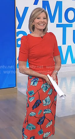 Kate Snow's red flora pencil skirt on NBC News Daily
