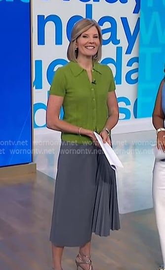 Kate's green pointelle cardigan and grey pleated skirt on NBC News Daily