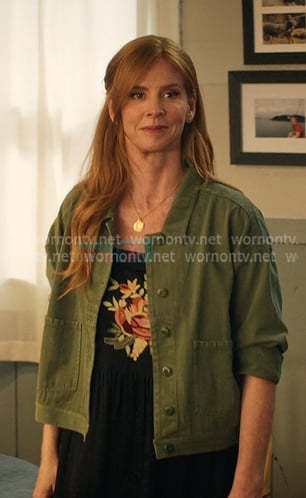 Katherine's black floral print dress and green jacket on My Life with the Walter Boys